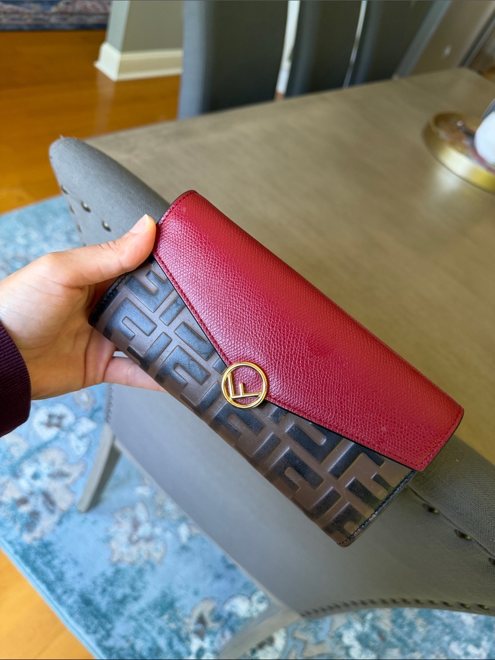 Fendi Two-Tone Red and Brown Logo Continental Wallet with Gold Hardware